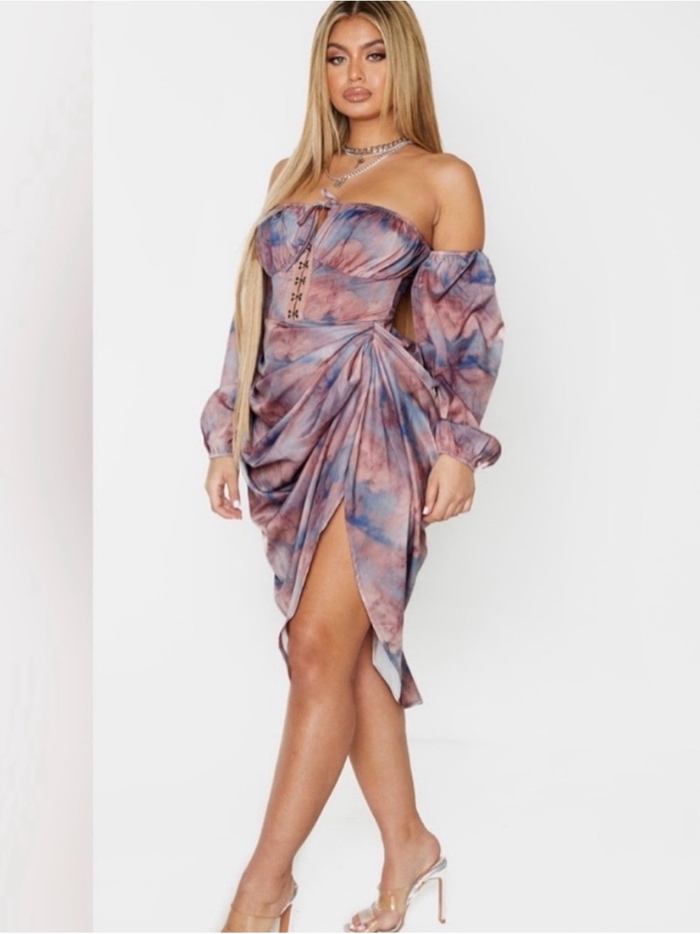 PrettyLittleThing Dusky Pink and Blue Tie-Dye Ruched Midi Skirt